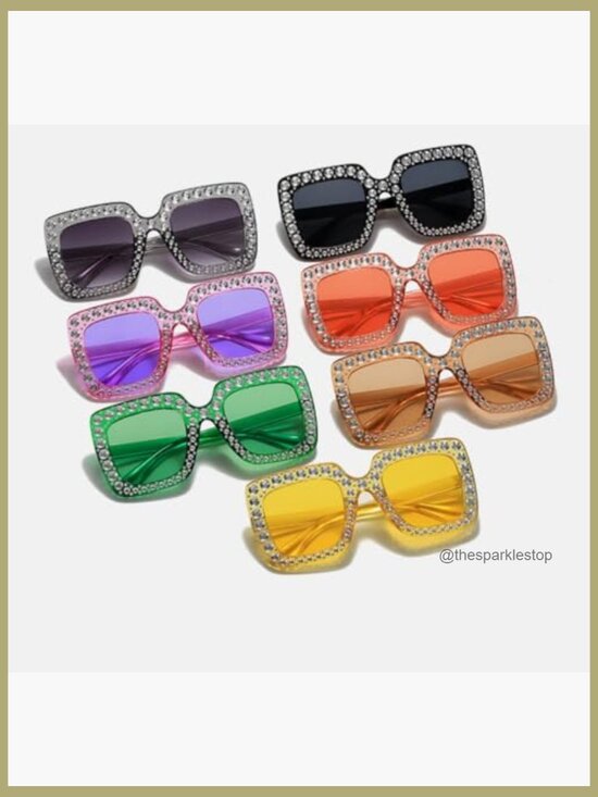 Oversized Square Crystal Sunglasses Thick Frame Bling Rhinestone Sparkling
